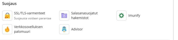 Pleskin Suojaus-osio: SSL/TLS-varmenteet, Salasanasuojatut hakemistot, Imunify, Verkkosovelluksen palomuuri ja Advisor