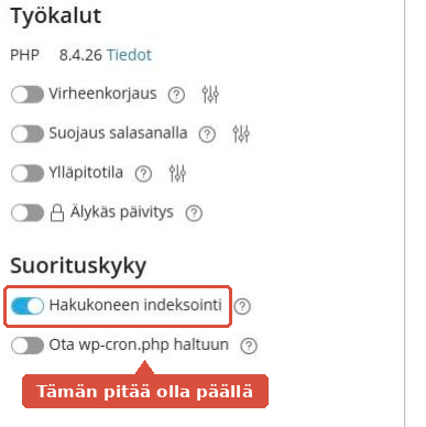 WP Toolkitin kortti, jossa Hakukoneen indeksointi -kytkin on korostettuna
