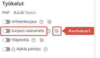 WP Toolkitin Työkalut-osio, jossa Suojaus salasanalla -kytkin ja sen asetuskuvake on korostettu