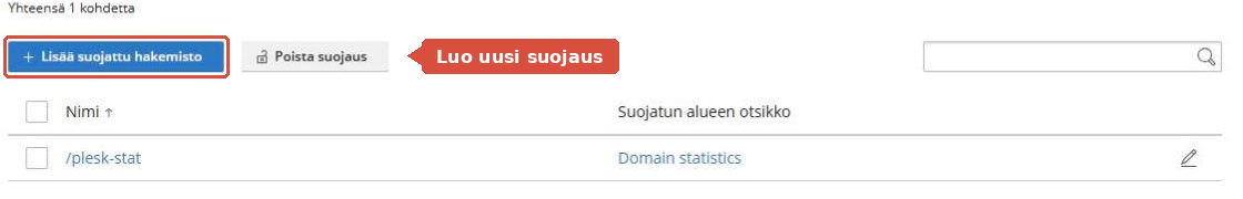 Suojatut hakemistot -sivu, jossa Lisää suojattu hakemisto -painike on korostettuna