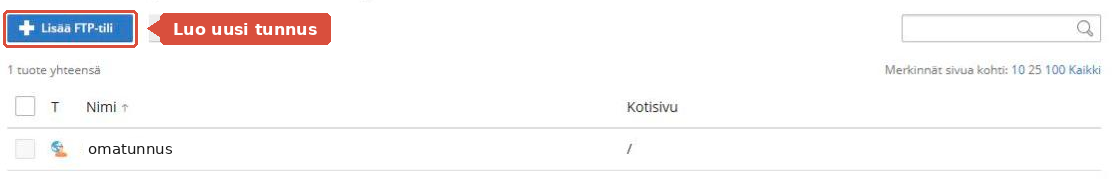 FTP-tilit-sivu, jossa Lisää FTP-tili -painike on korostettuna