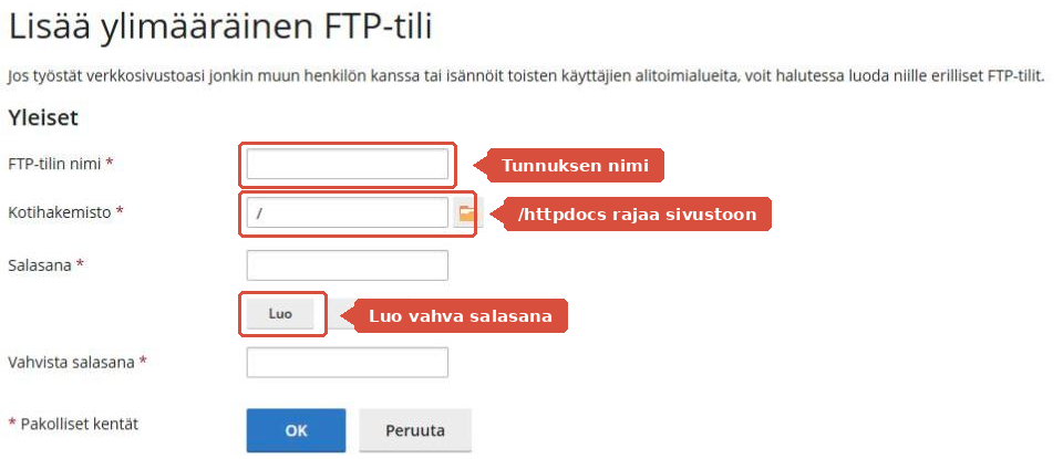 Lisää ylimääräinen FTP-tili -lomake, jossa nimi, kotihakemisto ja salasana on korostettu