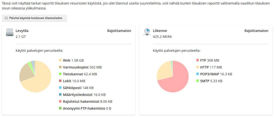Pleskin Tilastot-sivu, jossa levytilan ja liikenteen ympyräkaaviot