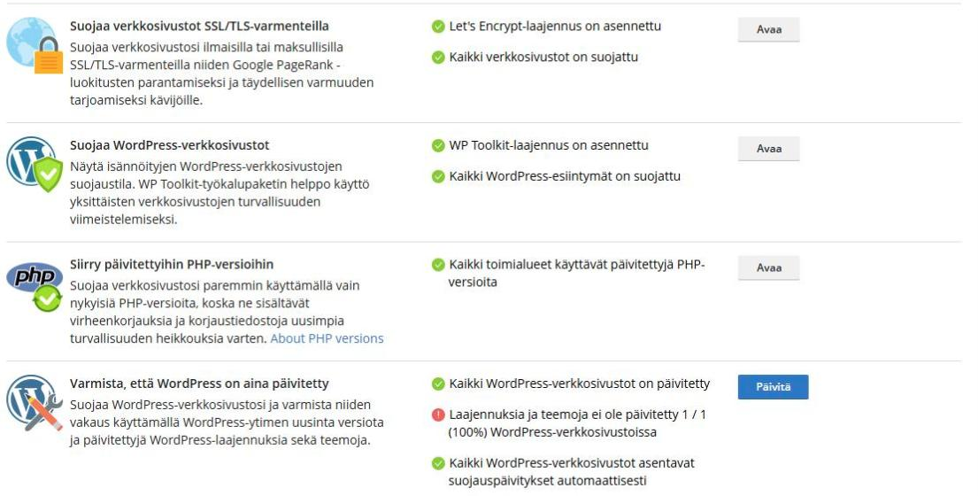 Pleskin Advisor-näkymä, jossa vihreät ja punaiset tarkistuskohdat