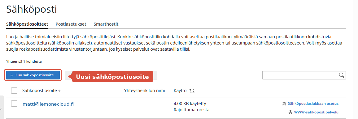 Pleskin Sähköposti-sivu, jossa Luo sähköpostiosoite -painike on korostettuna