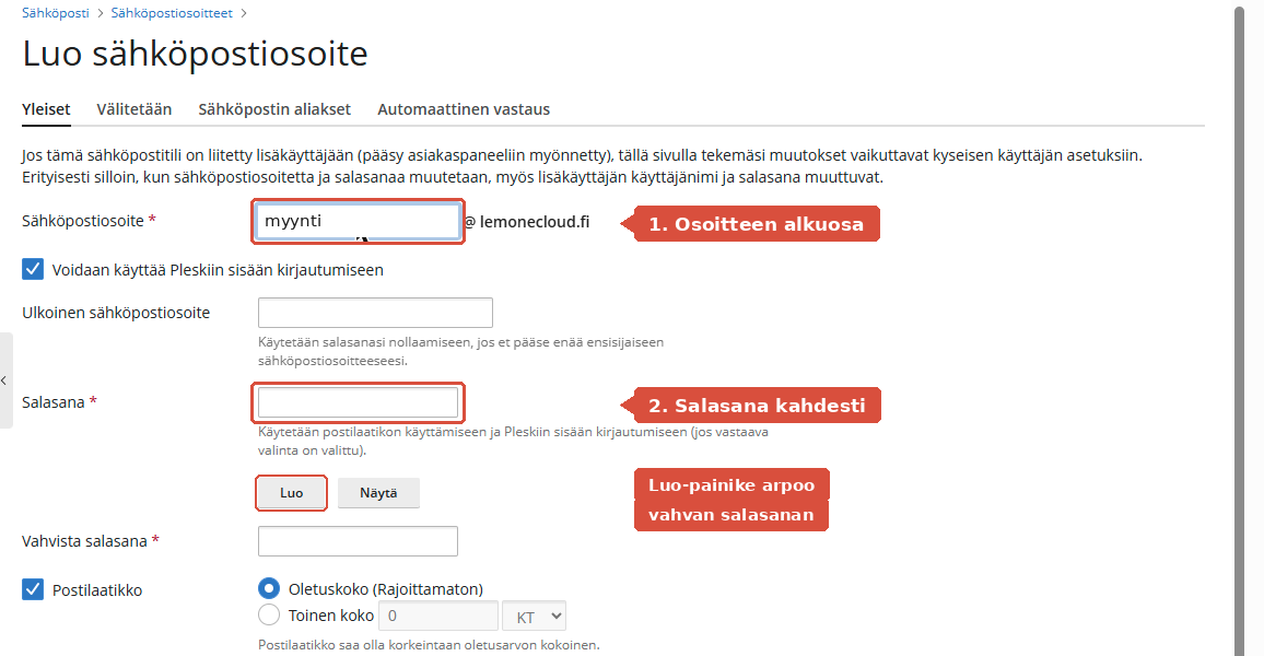 Luo sähköpostiosoite -lomake, jossa osoitteen alkuosa ja salasanakentät on korostettu