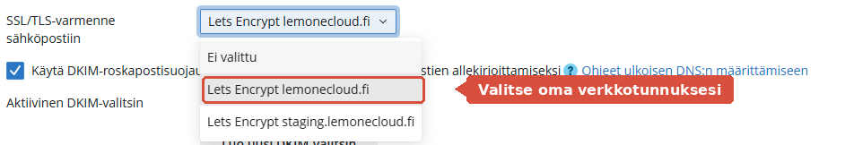 Valikko auki, josta valitaan oman verkkotunnuksen Let's Encrypt -varmenne