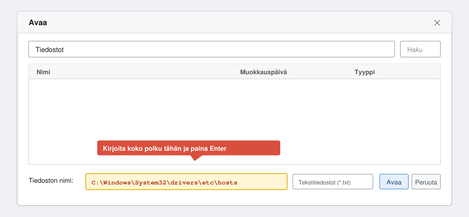 Muistion Avaa-ikkuna, jonka Tiedoston nimi -kenttään on kirjoitettu hosts-tiedoston koko polku
