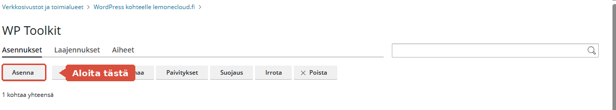 WP Toolkit -näkymä, jossa Asenna-painike on korostettuna