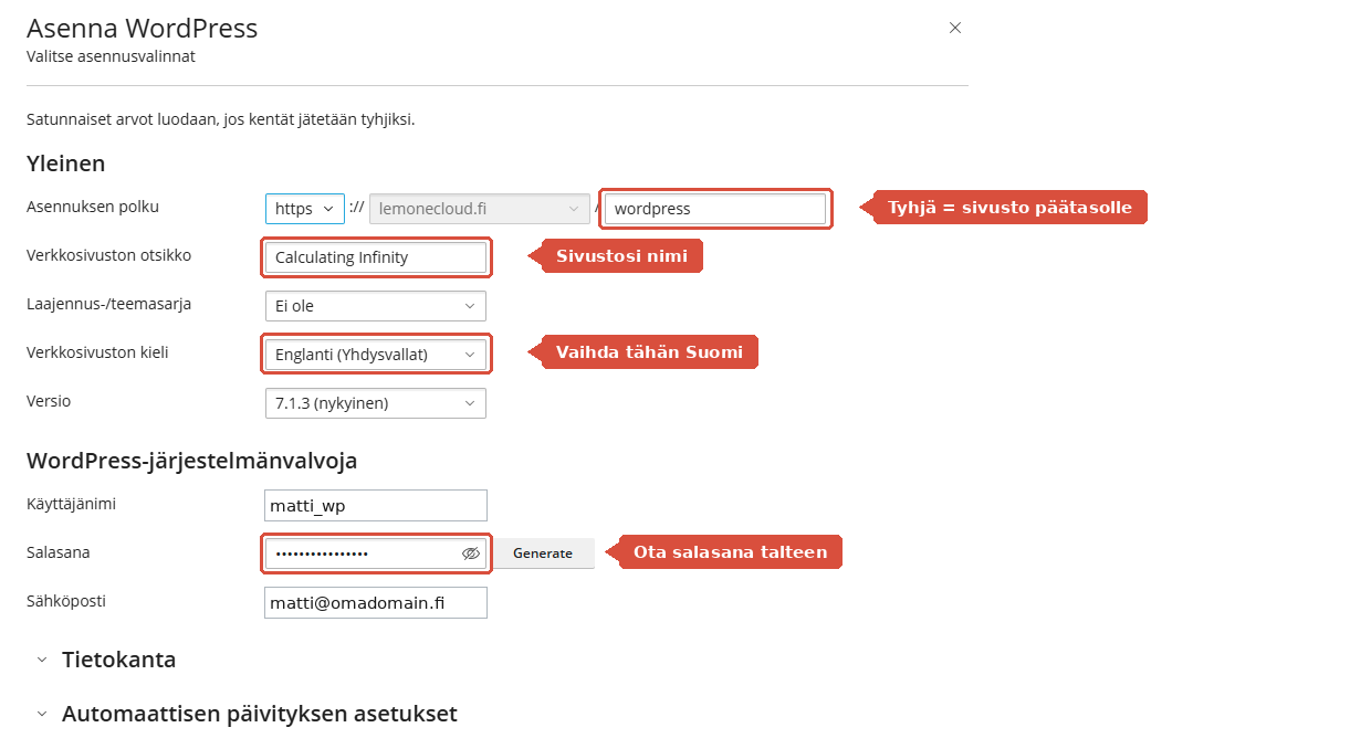 Asenna WordPress -lomake, jossa polku, otsikko, kieli ja salasana on korostettu