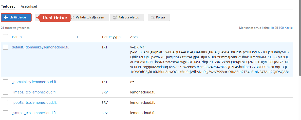 DNS-tietueiden lista ja Lisää tietue -painike