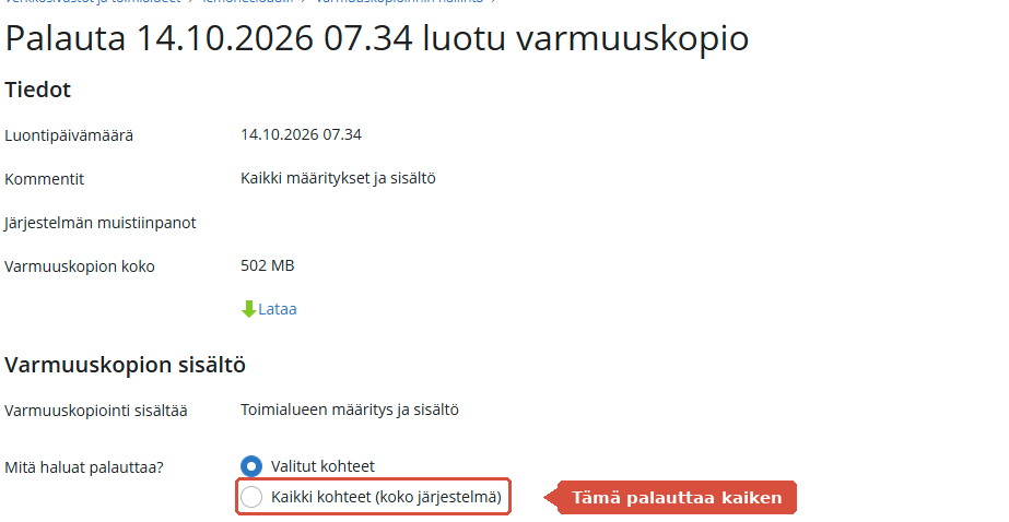 Palautussivu, jossa Kaikki kohteet -valinta on korostettu