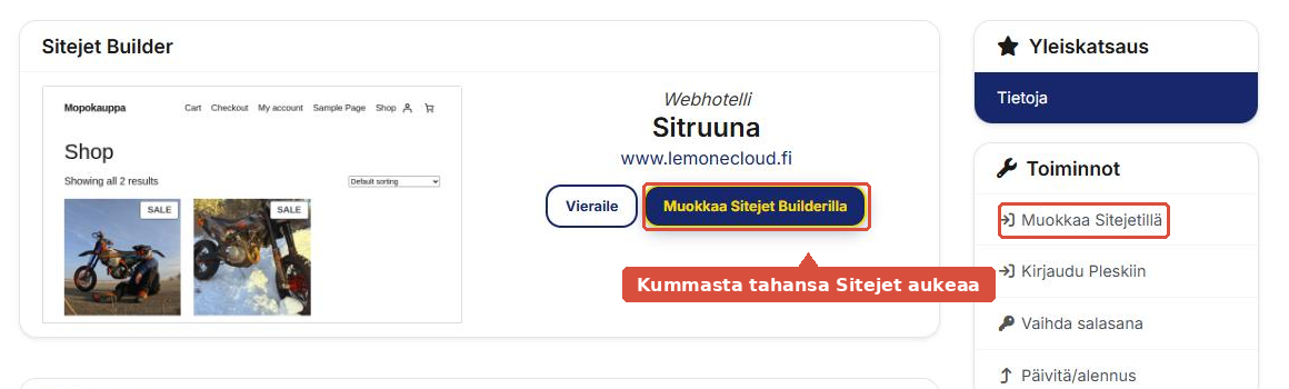 Asiakasalueen palvelusivu, jossa Muokkaa Sitejet Builderilla -painike ja Toiminnot-listan Muokkaa Sitejetillä on korostettu