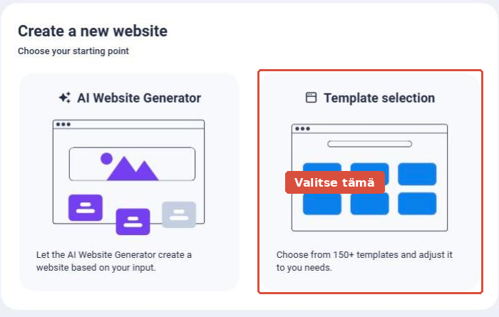 Englanninkielinen valinta AI Website Generator tai Template selection, josta jälkimmäinen on korostettu
