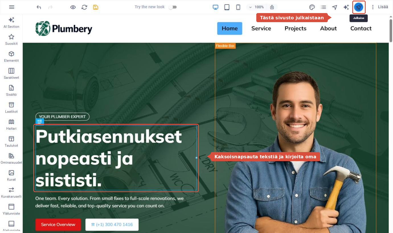 Sitejet-editori, jossa otsikko on valittuna ja oikean yläkulman Julkaise-kuvake korostettu