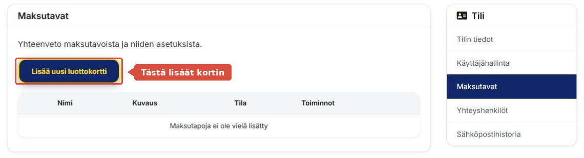 Maksutavat-sivu, jossa Lisää uusi luottokortti -painike on korostettu