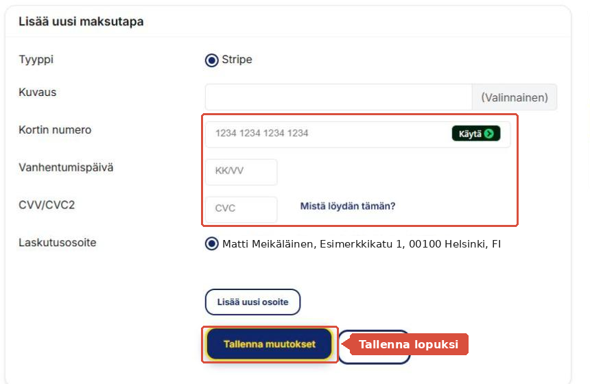 Kortin lisäyslomake, jossa korttikentät ja Tallenna muutokset -painike on korostettu