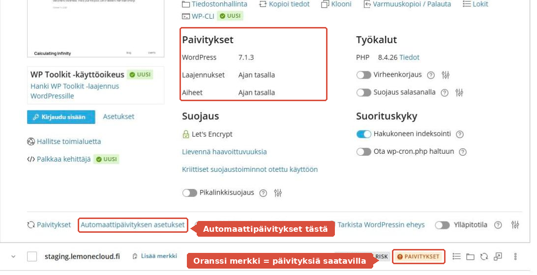 WP Toolkitin sivustokortti, jossa Päivitykset-osio, Automaattipäivityksen asetukset ja oranssi päivitysmerkki on korostettu