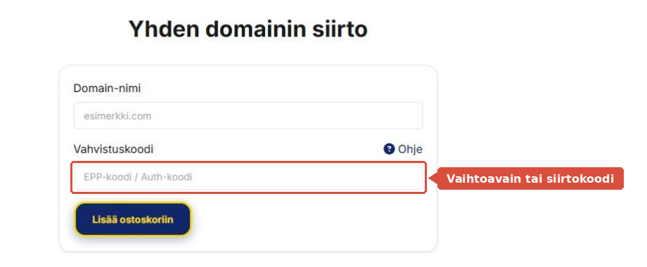Siirrä domain -lomake, jossa Vahvistuskoodi-kenttä on korostettu