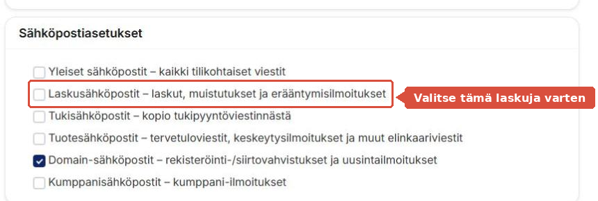 Sähköpostiasetukset, joissa Laskusähköpostit-valinta on korostettu
