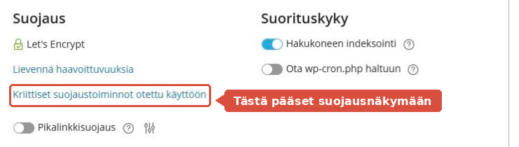 WP Toolkitin kortin Suojaus-osio, jossa suojausnäkymän linkki on korostettu