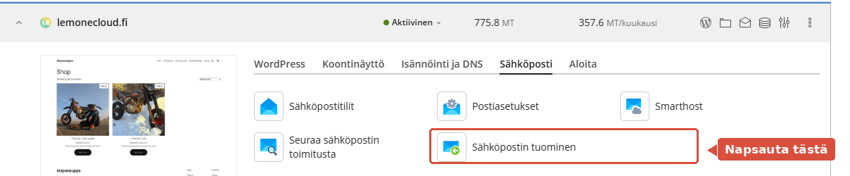Pleskin Sähköposti-välilehti, jossa Sähköpostin tuominen on korostettuna