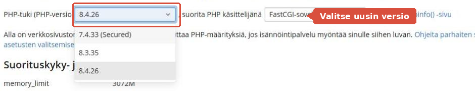 PHP-version valintalista auki, vaihtoehtoina 7.4.33 (Secured), 8.3.35 ja 8.4.26