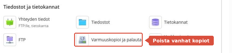 Koontinäytön työkalut, joissa Varmuuskopioi ja palauta on korostettu