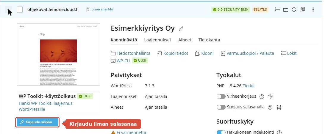 WP Toolkitin sivustokortti, jossa Kirjaudu sisään -painike on korostettu