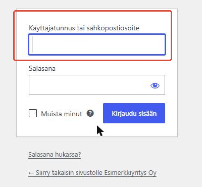 WordPressin kirjautumissivu, jossa käyttäjätunnus- ja salasanakenttä