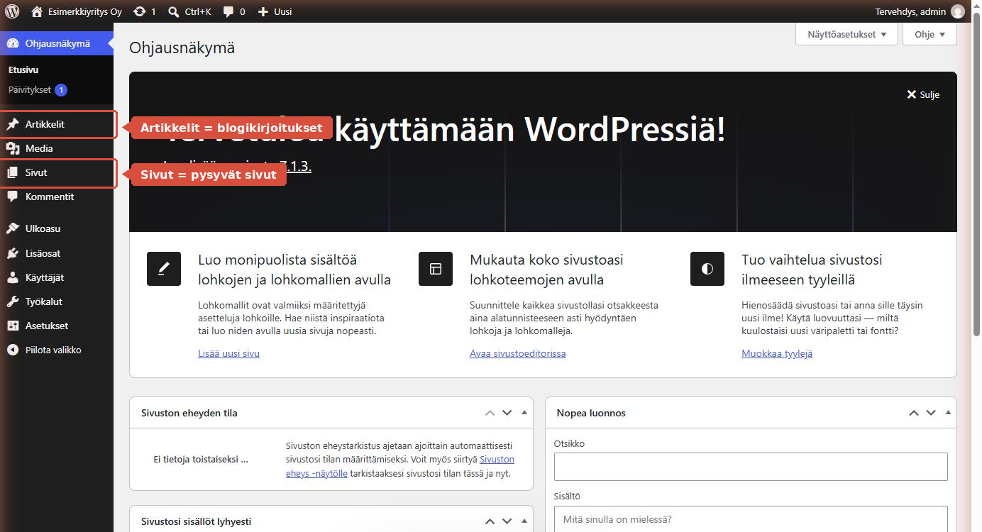 WordPressin ohjausnäkymä, jossa valikon kohdat Artikkelit ja Sivut on korostettu