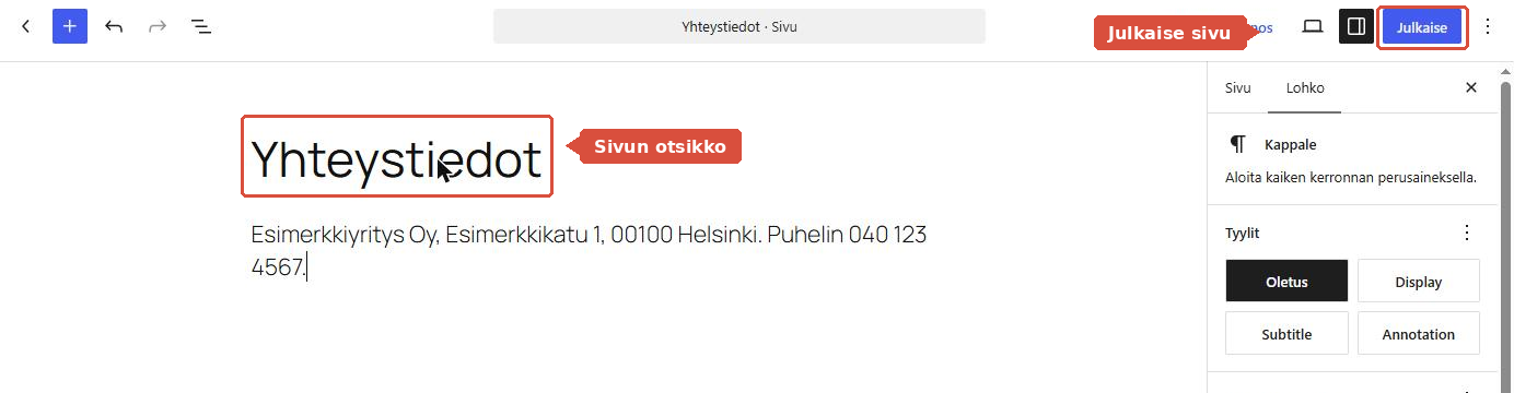 Sivun muokkausnäkymä, jossa otsikko ja Julkaise-painike on korostettu