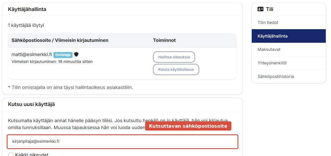 Käyttäjähallinta-sivu, jossa kutsuttavan sähköpostikenttä on korostettu