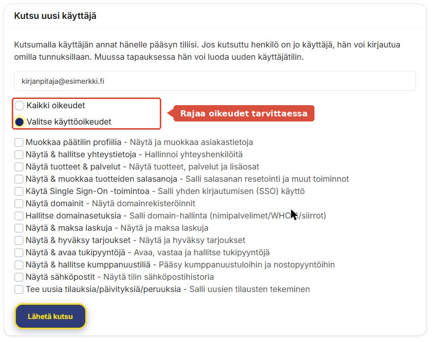 Käyttöoikeuksien valintalista, jossa vaihtoehto Valitse käyttöoikeudet on korostettu