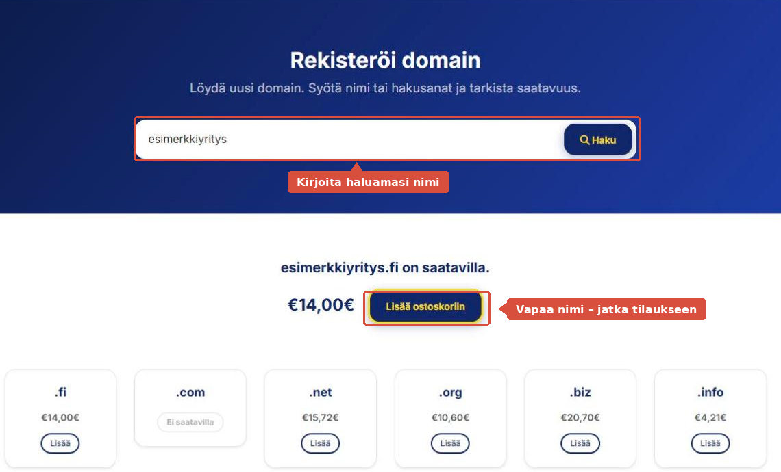 Rekisteröi domain -sivu, jossa hakukenttä ja Lisää ostoskoriin -painike on korostettu