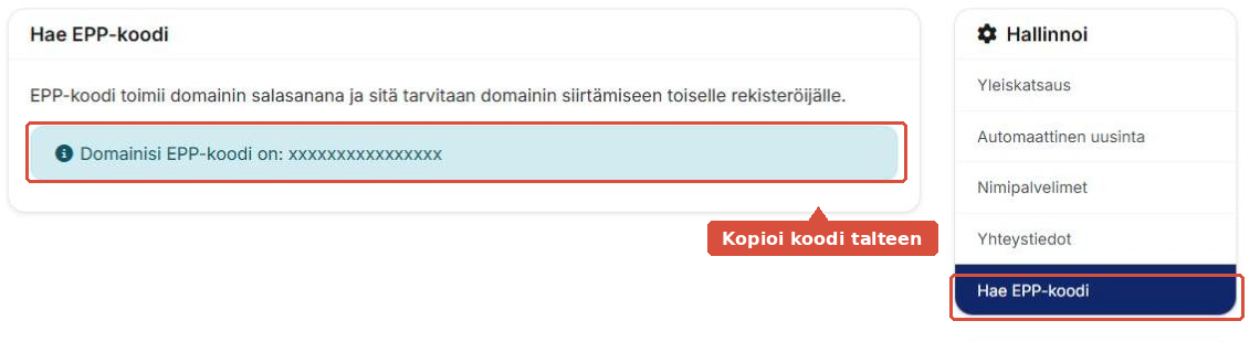 Hae EPP-koodi -sivu, jossa koodi ja valikon kohta on korostettu