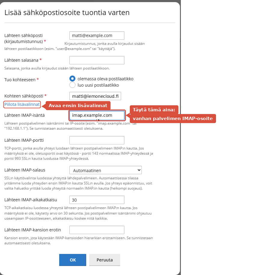 Pleskin tuontilomake, jossa Lähteen IMAP-isäntä -kenttä on korostettuna