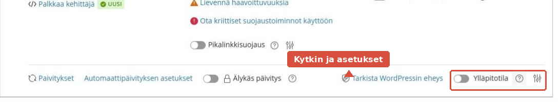 WP Toolkitin kortin alapalkki, jossa Ylläpitotila-kytkin ja asetuskuvake on korostettu