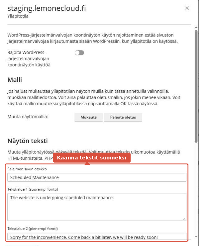 Ylläpitotilan asetukset, joissa huoltosivun tekstikentät on korostettu
