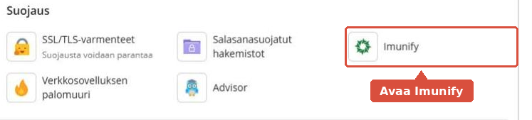 Pleskin Suojaus-osio, jossa Imunify on korostettuna