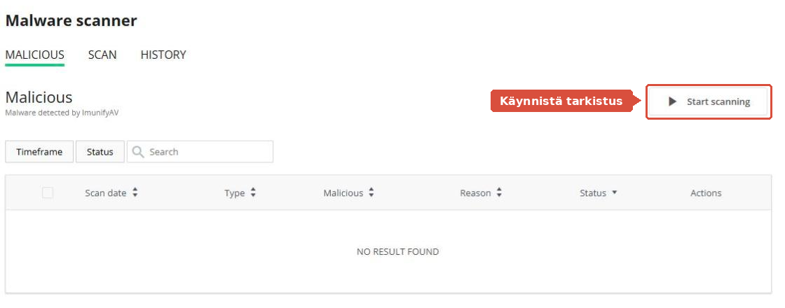 Imunifyn Malware scanner -näkymä, jossa Start scanning -painike on korostettuna