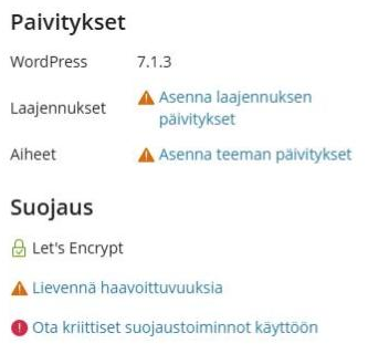 WP Toolkitin sivustokortti, jossa päivitykset ja suojaustoiminnot on korostettu
