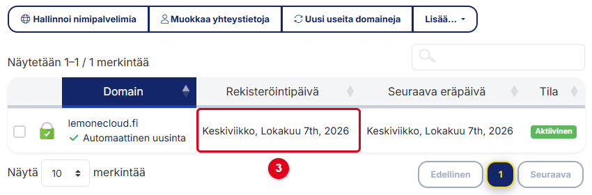 Domainlista, jossa rekisteröintipäivä on korostettu