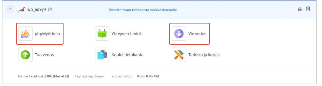 Avattu tietokantarivi: phpMyAdmin, Yhteyden tiedot, Vie vedos, Tuo vedos, Kopioi tietokanta ja Tarkista ja korjaa