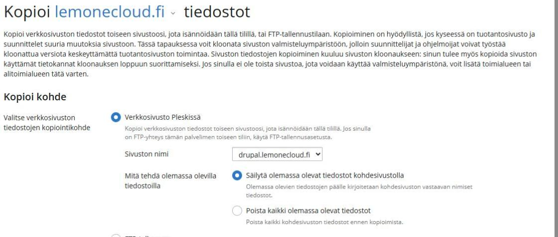 Verkkosivuston kopioiminen -sivu, jossa valitaan kopioinnin kohde