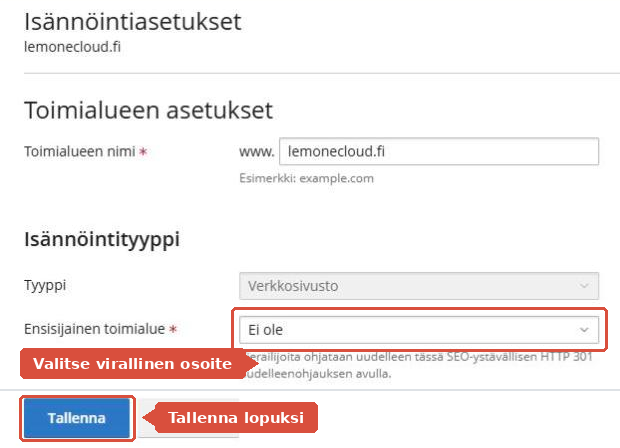 Isännöintiasetukset-ikkuna, jossa Ensisijainen toimialue -valikko on korostettu