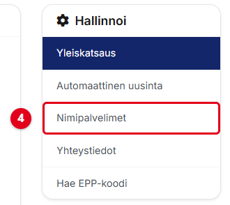 Hallinnoi-valikko, jossa Nimipalvelimet on korostettu
