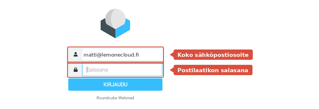 Webmailin kirjautumissivu, jossa käyttäjätunnus- ja salasanakenttä on korostettu