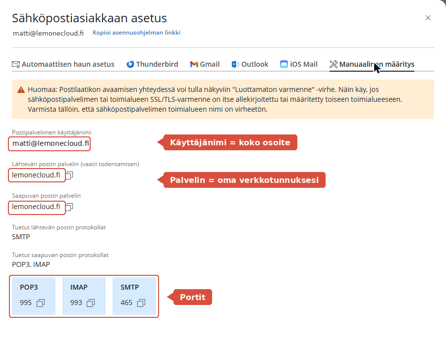 Pleskin manuaaliset sähköpostiasetukset: käyttäjänimi, palvelinnimet ja portit