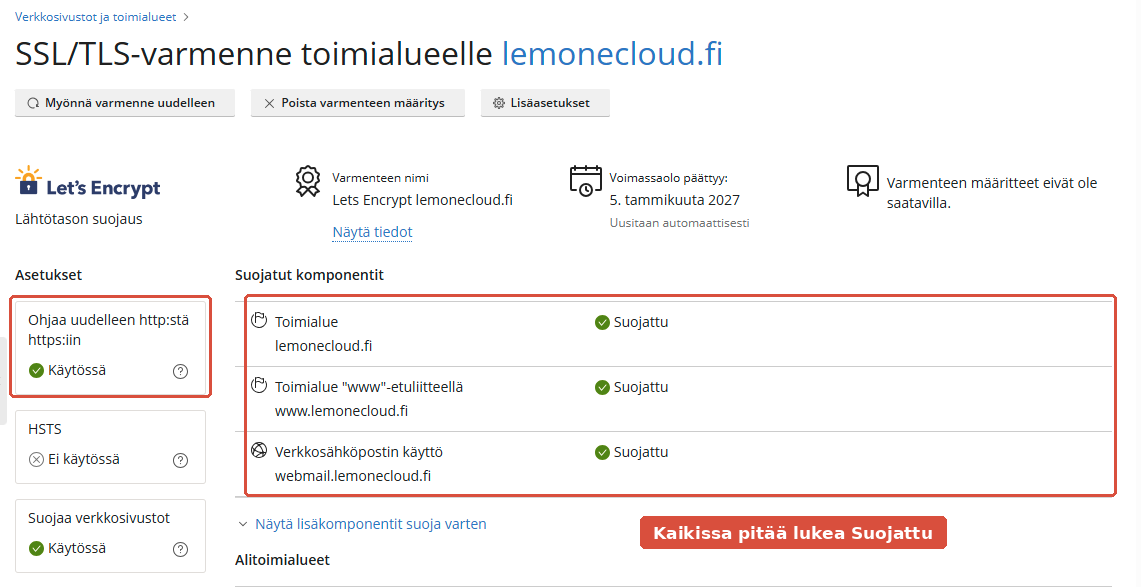 SSL-varmenteen sivu, jossa näkyy voimassa oleva Let's Encrypt -varmenne ja suojatut komponentit
